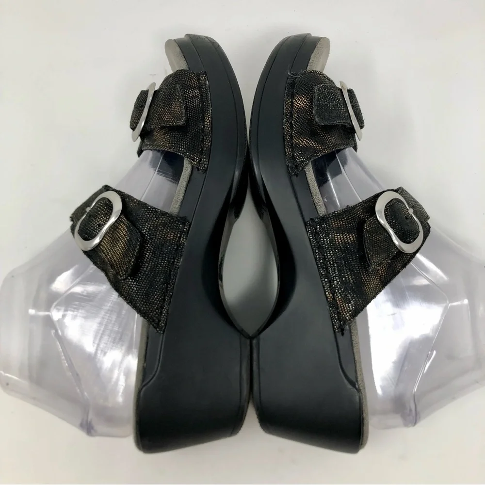 Dansko Sophie Shagreen Metallic Python Print Leather Chunky Heel Sandals Black